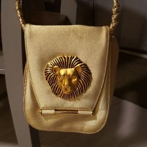 Vintage 90s Gold Lion Head Crossbody Nima Bag with Crystal Eyes